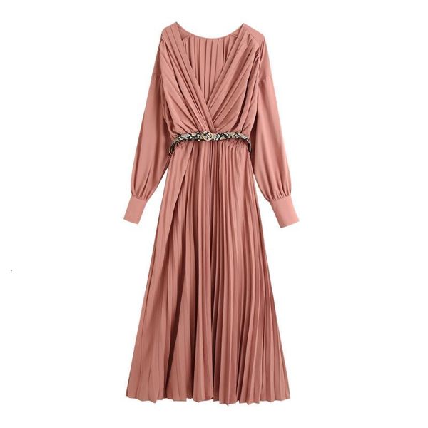 

casual dresses fall women fashion pink v-neck pleated long with belt high waist brand luxury party clothing runway n9zy, Black;gray