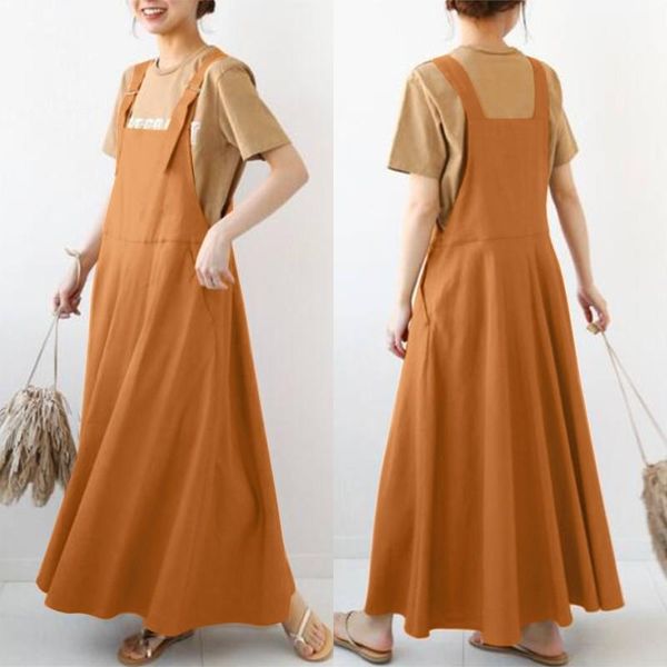 

casual dresses vintage overalls dress women's summer sundress 2021 zanzea backless midi vestidos female button solid robe, Black;gray