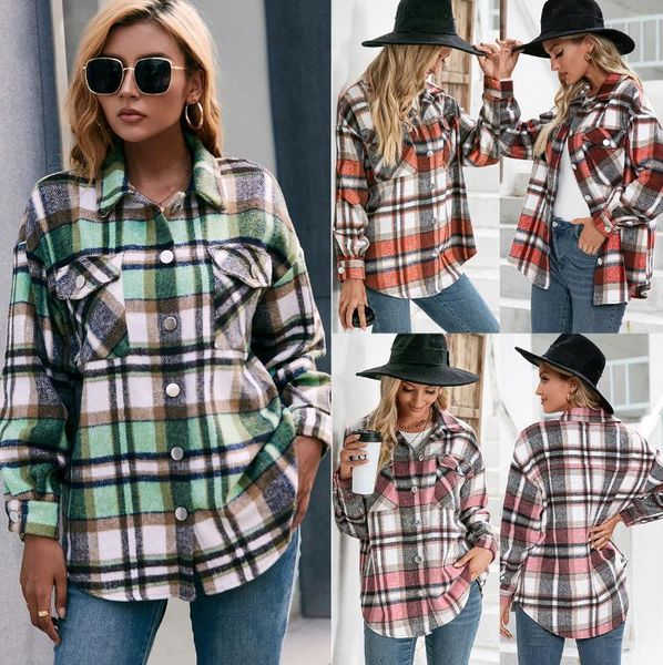

thicker plus size women's jackets cashmere long-sleeved plaid loose casual shirt jacket, Black;brown