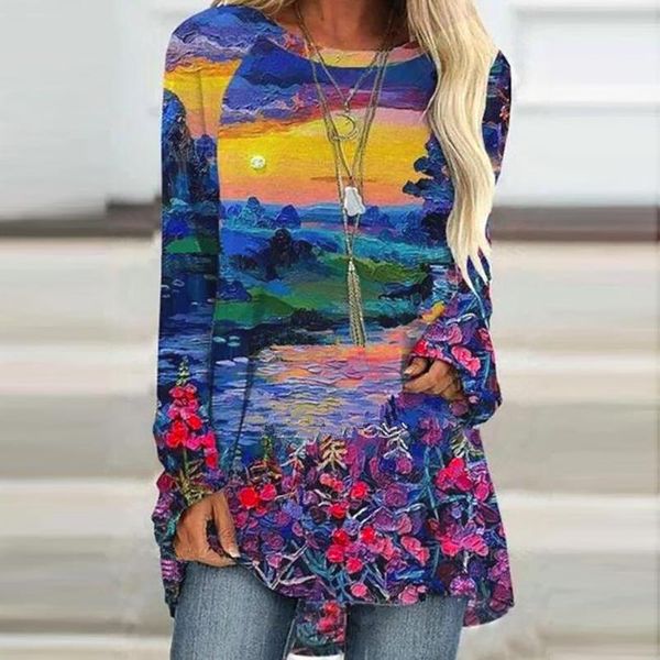

women's blouses & shirts plus size women tunic o neck long sleeve s vintage print casual loose graphic blusas, White