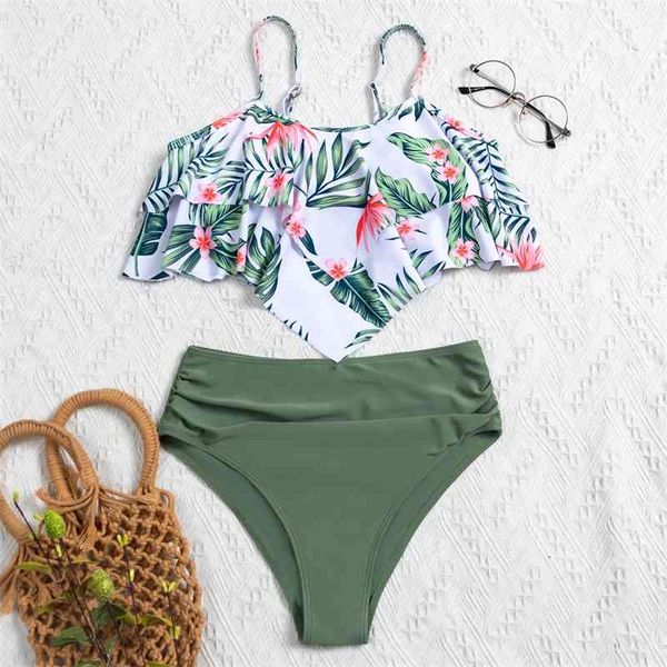

2021 new sexy print multicolor high waist Ruffle swimsuit for women bikini, Green