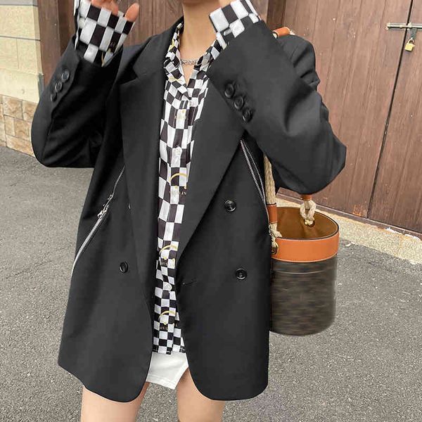 

women's suits & blazers [eam] women black zipper big size casual blazer lapel long sleeve loose fit jacket fashion spring autumn 2022 1, White;black