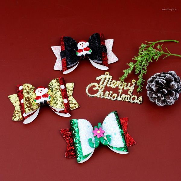 

hair accessories cn 6 pcs/lots 3" glitter christmas bows for girls with xmas snowman party hairgrips hairpins1, Slivery;white