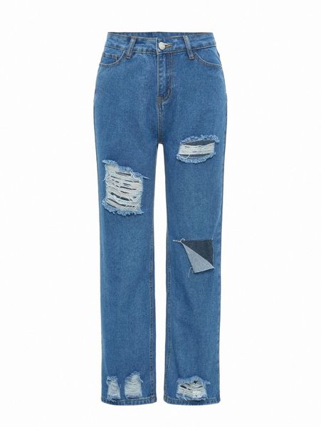 

ripped straight leg jeans o99m#, Blue