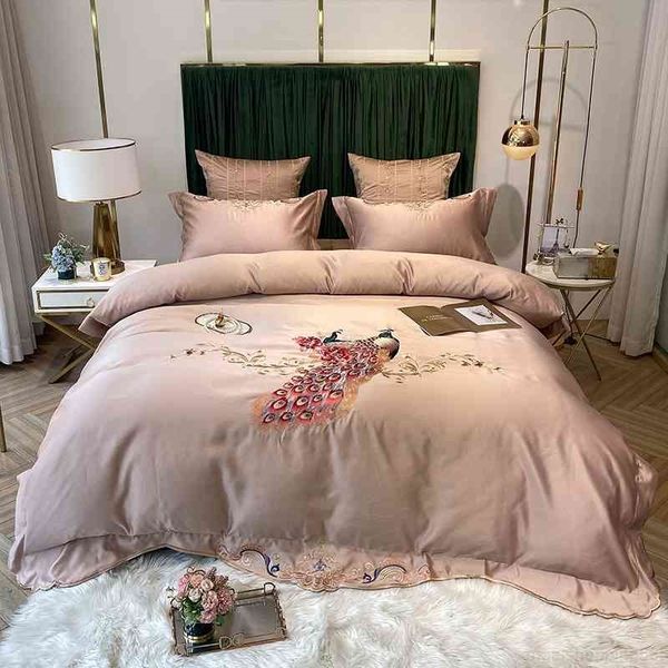 

classic chic peacock embroidery duvet cover luxury silk satin vintage style bedding set bed sheet pillowcases  king size