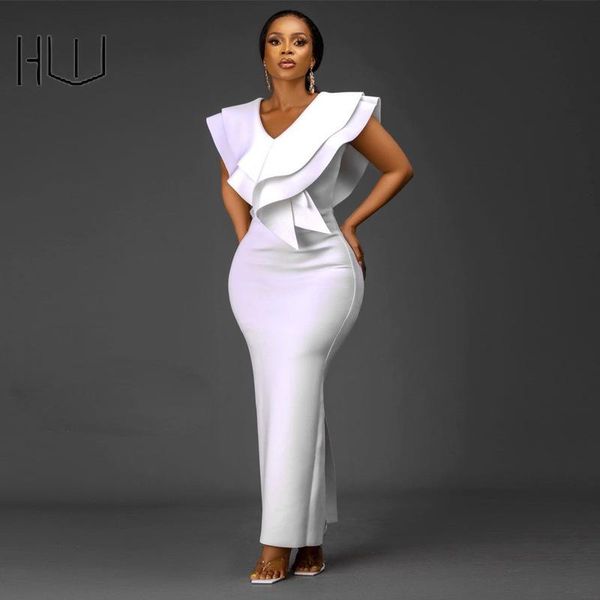 

casual dresses v-neck sleeveless high waist slim party dress ruffles maxi white orange women's christmas vestidos plus size outfits, Black;gray