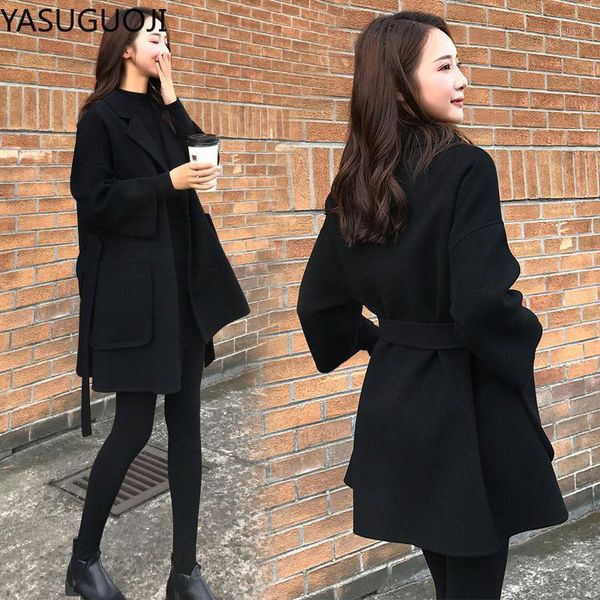 

autumn and winter korean style loose short-height woolen coat women's mid-length waist hugging wool & blends, Black