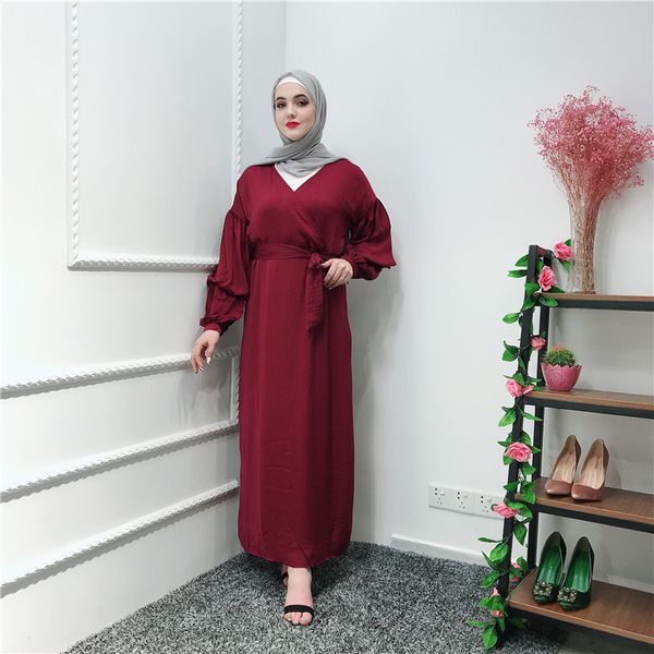 

ramadan eid muslim abaya dress women moroccan kaftan long sleeve maxi hijab vestidos islamic clothing puff sleeve dubai elbise, Red