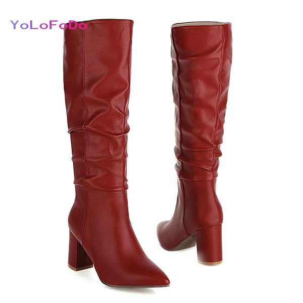 

boots faux leather women knee high fashion all-match short plush autumn winter pleated slip on ladies square heel, Black