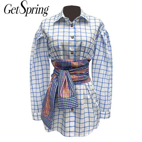 

women's blouses & shirts getspring women blouse plaid lantern sleeve long shirt with waistband loose autumn 2021 blue, White