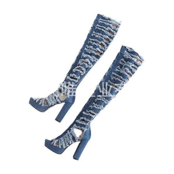 

boots shoes for 2021 women autumn modern jeans design hollow out platform over-knee fish mouth high heels lady sandals, Black