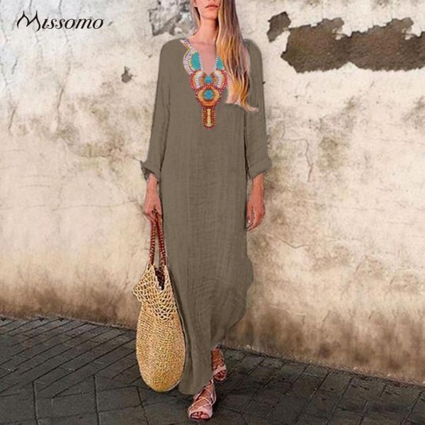 

maxi long dress women printed vestidos sleeve v-neck split hem baggy kaftan dresses casual loose beach summer, Black;gray