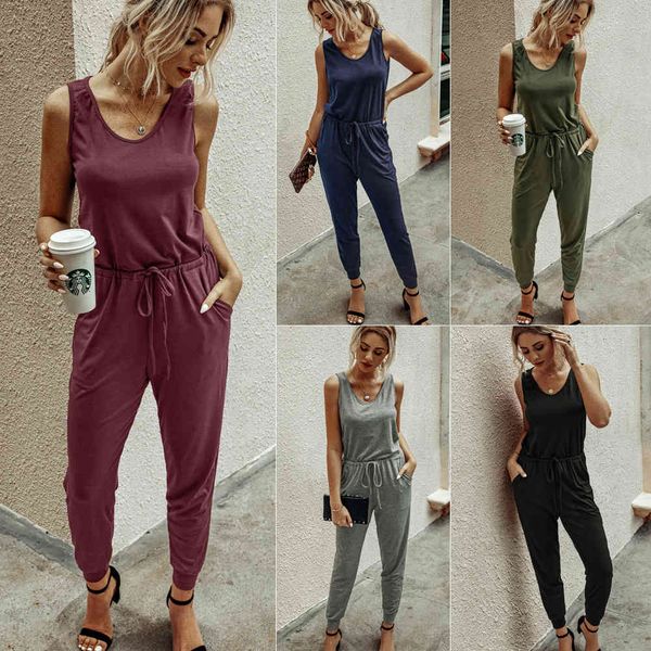 Casual Mulheres Jumpsuits Verão Sólido O Neck sem mangas Tanque Romper Black Lace Up Belt Slim Longo Playsuit macacão para fêmea 210507