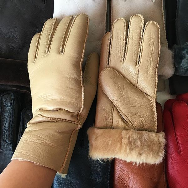 

new 2020 winter women gloves 100% warm russian sheepskin full fingers classic ladies gloves, Blue;gray