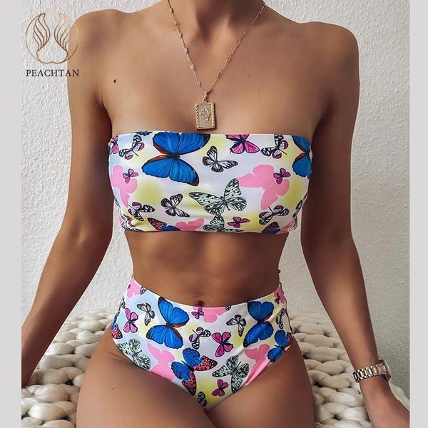 

peachtan butterfly bandeau bikini set 2021 high waist swimsuit women print swimwear extreme bathers bathing suit women's, White;black