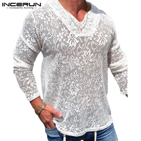 

men's t-shirts incerun men t shirt lace see through v neck long sleeve casual tee streetwear breathable party nightclub clothing, White;black