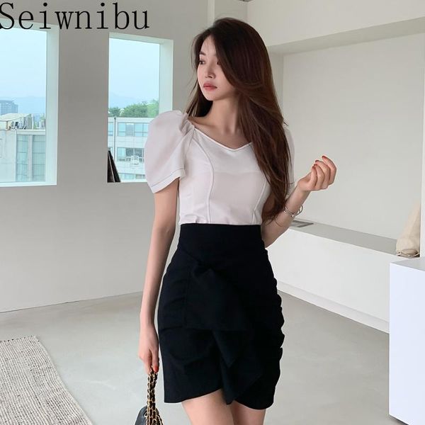 

piece set women suit ol 2021 short sleeve off shoulder blouse shirt and ruffle sheath skirts business two dress, White