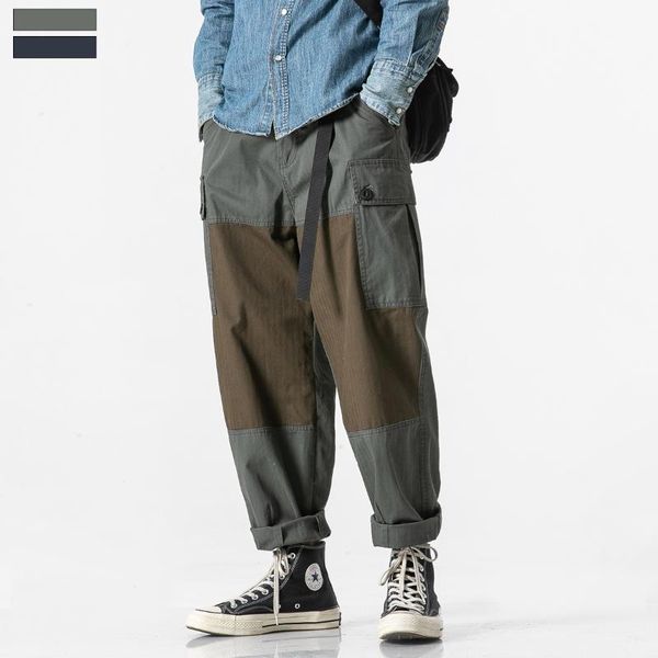 

men's pants multi-pocket cargo straight trousers hip hop retro style patchwork h1, Black