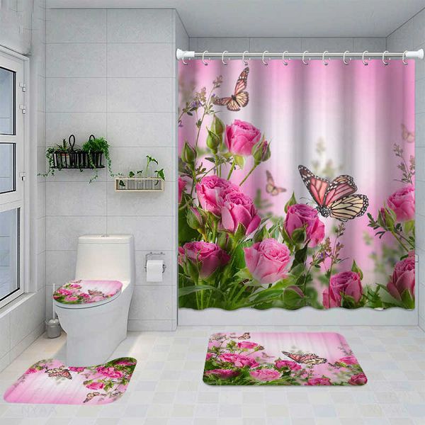 Duschvorhänge, Schmetterling, Rose, Blume, bedruckt, wasserdicht, Badezimmer-Duschvorhang-Set, rutschfeste Badematte, Teppich-Sets, Abdeckung, Badezimmer-Dekor