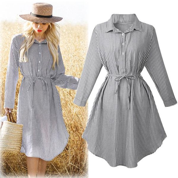 

casual dresses vestidos spring autumn style blue simple striped lace up dress super soft comfortable turn-down collar women, Black;gray
