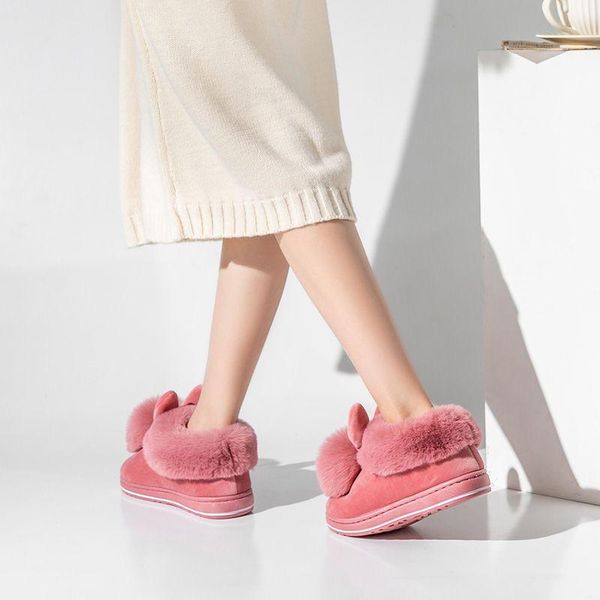 

slippers 2021 fashion winter autumn cotton ear home indoor warm pink purple non-slip cute plus plush flip flops, Black