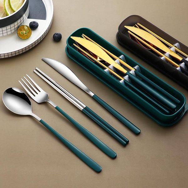 

dinnerware sets 304 set eco friendly dish kitchen accessories silverware gold knife fork spoon portable cutlery with case