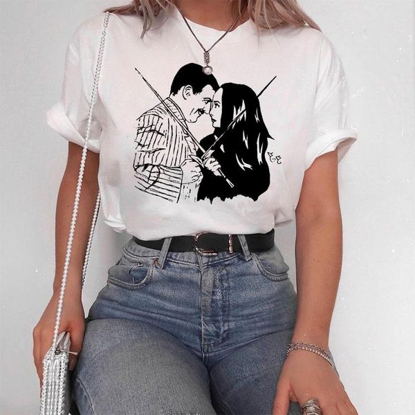 

harajuku gothic punk wednesday adams family print graphic tumblr summer kpop casual short o-neck grunge black women t-shirt women's, White