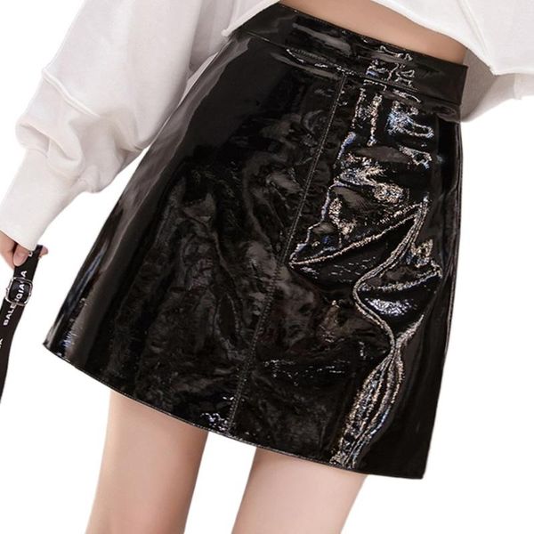 

skirts 2021 spring summer women skirt high waist solid color mini straight pu leather shiny club cute for, Black
