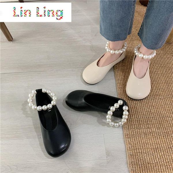 

pumps women's 2021 spring korean style ins fashion all-matching leather flat shoes low-cut vintage pearl mary jane boots, Black