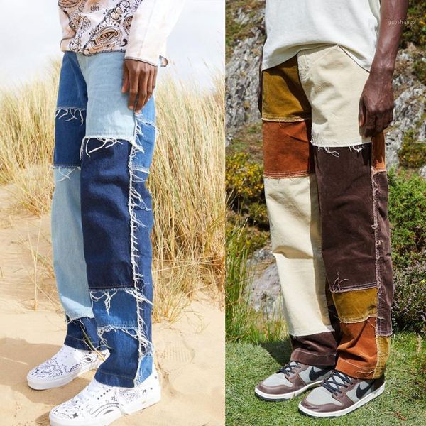 

men wash splice fashion streetwear loose hip hop casual straight tassel patchwork jeans trousers male denim full length pants1, Blue