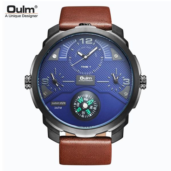 

wristwatches oulm 2021 fashion men's quartz watches for men large dial watch compass multi-time zone personal adornment, Slivery;brown