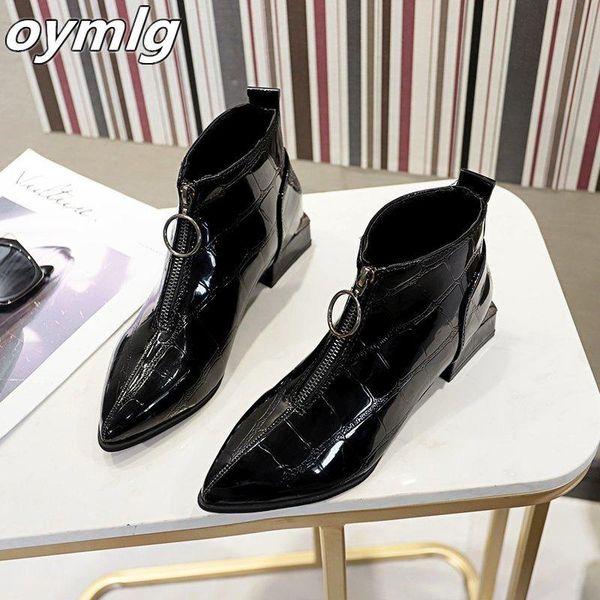 

boots women 2021 retro leather shoes winter low heel shiny pointed toe women's ankle zapatos de mujer, Black