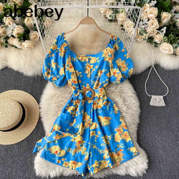 

spring seaside holiday style printed leaky clavicle jumpsuit women's puff sleeve slim short wide-leg pants c287 210512, Black;white