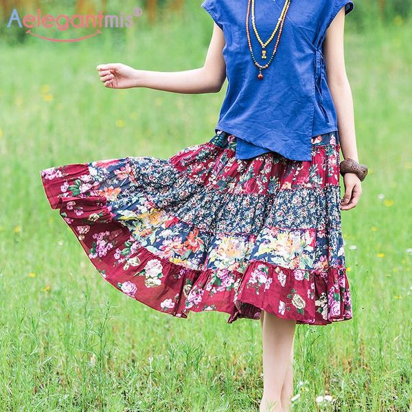 

skirts aelegantmis chinese style women printed high waist casual long skirt big hem plus size ethnic vintage ladies summer, Black