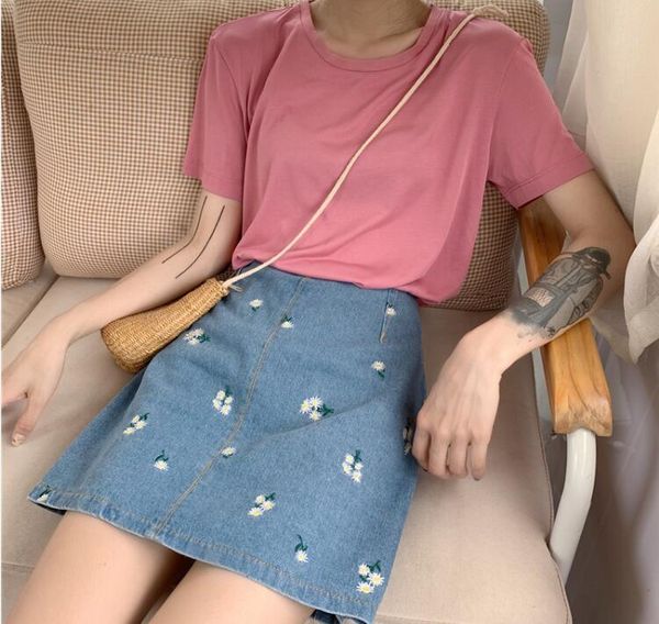 

skirts summer cute flower embroidery denim skirt women, Black
