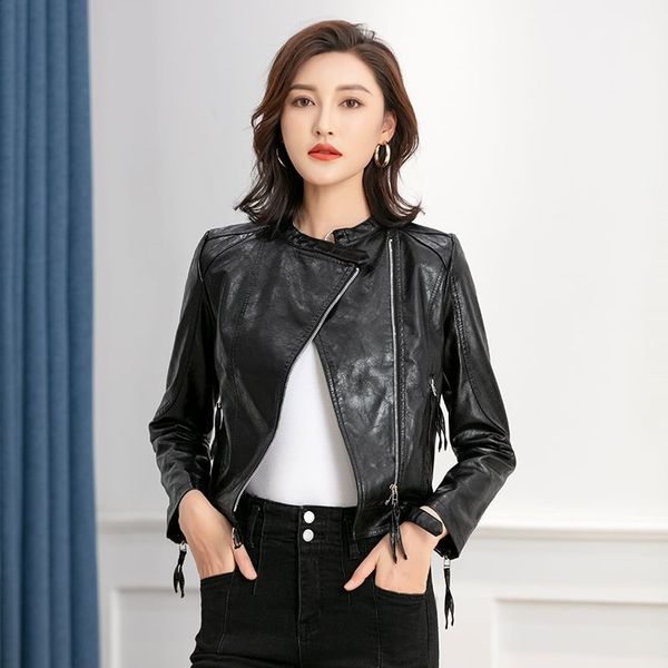 

2021 new women's motorcycle leather jacket spring and autumn small stand collar zipper long sleeve slim fit coat, Black