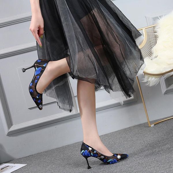 

dress shoes spring thin heels pumps women pointed toe high heel work flowers mesh hollow elegant shallow for party w, Black