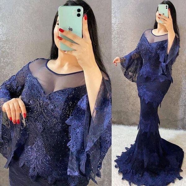 Imagem real Vestidos de baile de baile Aplicada Lace Tiered Grânulos Jóia Decote Das Mangas Longas Vestido de Noite Formal Plus Size Mulheres Party Pageant Vestidos Robe de Mariée