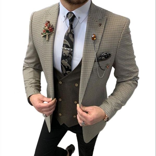 

men's suits & blazers design houndstooth jacket business peaked lapel groom tuxedo groomsmen custom made formal wedding prom blazer, White;black