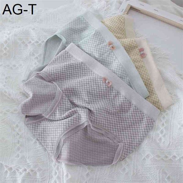 

2021 new gentle plaid girl's soft mid waist simple antibacterial cotton crotch underwear, Black;pink