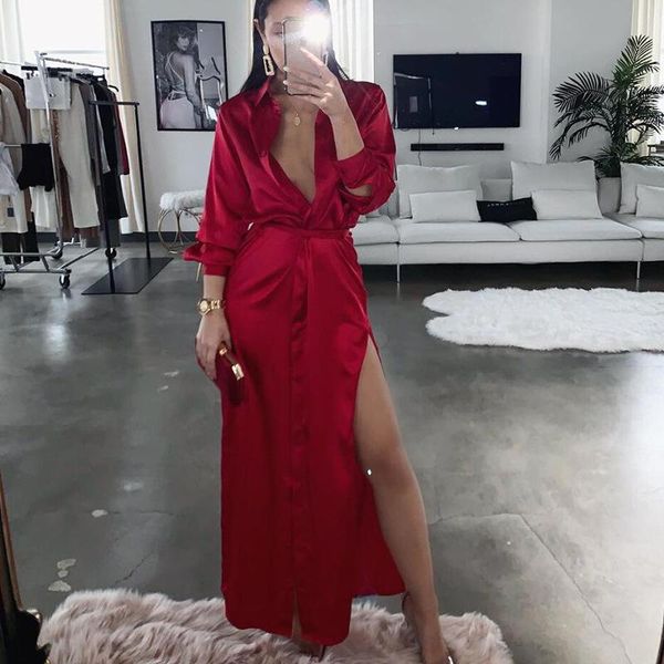 

casual dresses satin loose long sleeve split dress, Black;gray