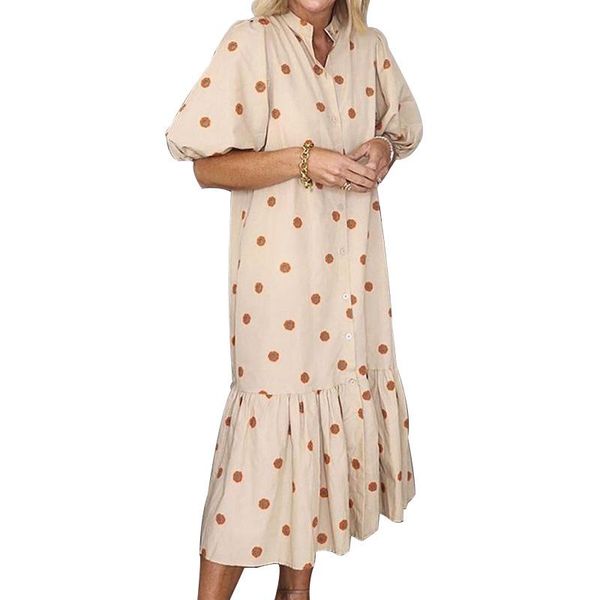

casual dresses women elegant vintage polka dot loose midi dress, Black;gray