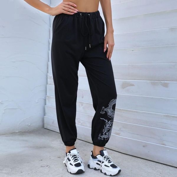 

women's pants & capris chinese dragon printed pencil women black drawstring mid-waist ankle-length street fashion casual commute trouse, Black;white