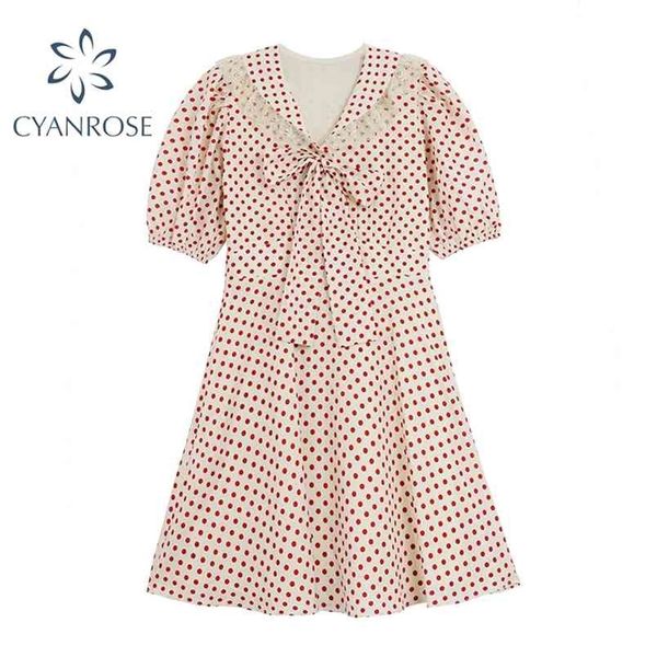 

summer vintage dot print dress women short sleeve sweet bow lace up dresses female casual elegant korean ins vestiods 210515, Black;gray
