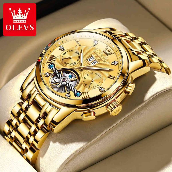 

olevs luxe gold automatic mechanical watches stainless steel seals date week fashio classic reloj hombre, Slivery;brown