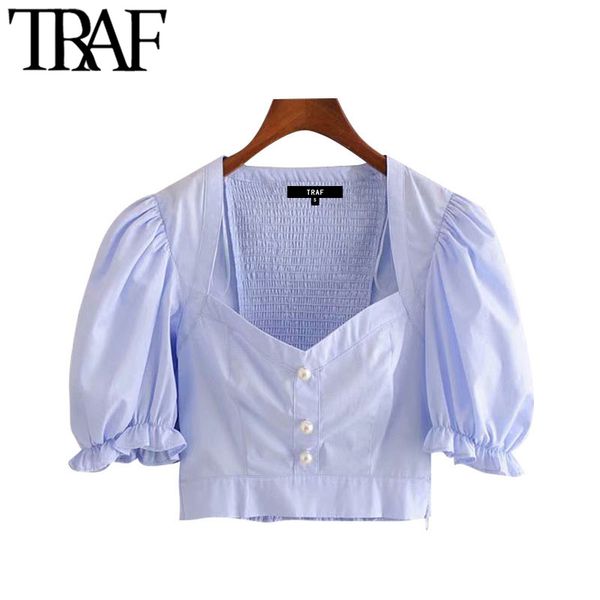 

traf women sweet fashion faux pearl buttons cropped blouses vintage puff sleeve back elastic female shirts chic 210415, White