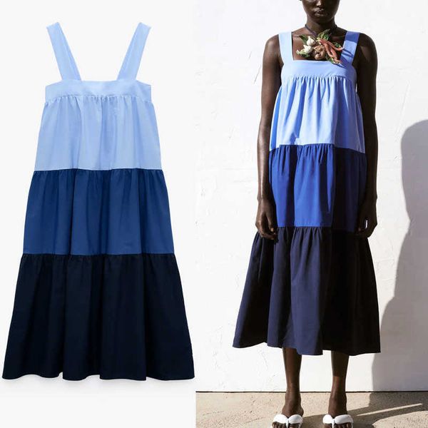 

za tiered pleated long dress women sleeveless straps elastic beach dresses fashion patchwork backless blue summer dress 210602, Black;gray