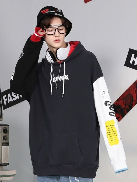 

men slogan graphic kangaroo pocket hoodie 71qy#, Black