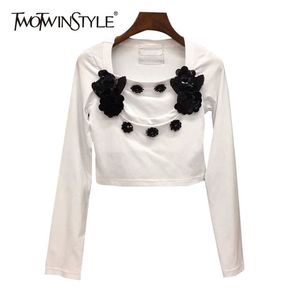 

korean patchwork floral short for women square collar long sleeve casual t shirt female fashion clothing 210524, White