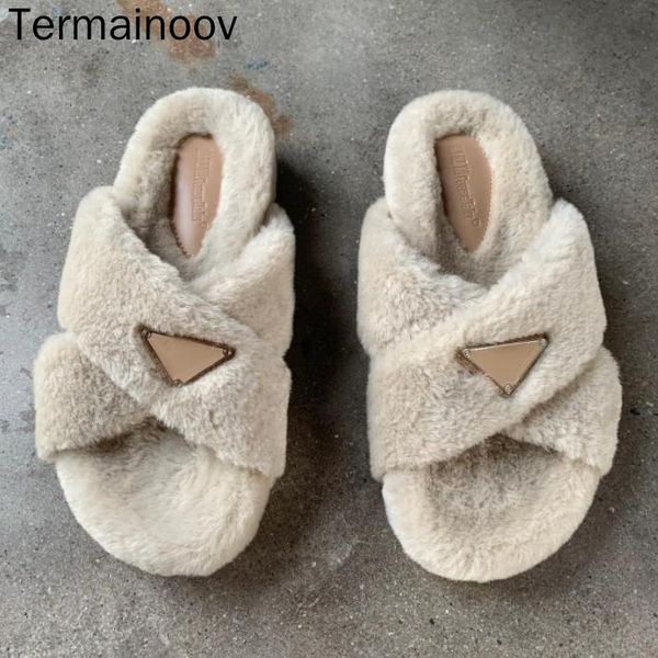

slippers termainoov women winter slipper opened toe cross flat ladies plush platform indoor slidders, Black